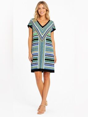 LONDON TIMES Geometric Print Vee Neck and Back Short Sleeve Mini Dress US Sz 12
